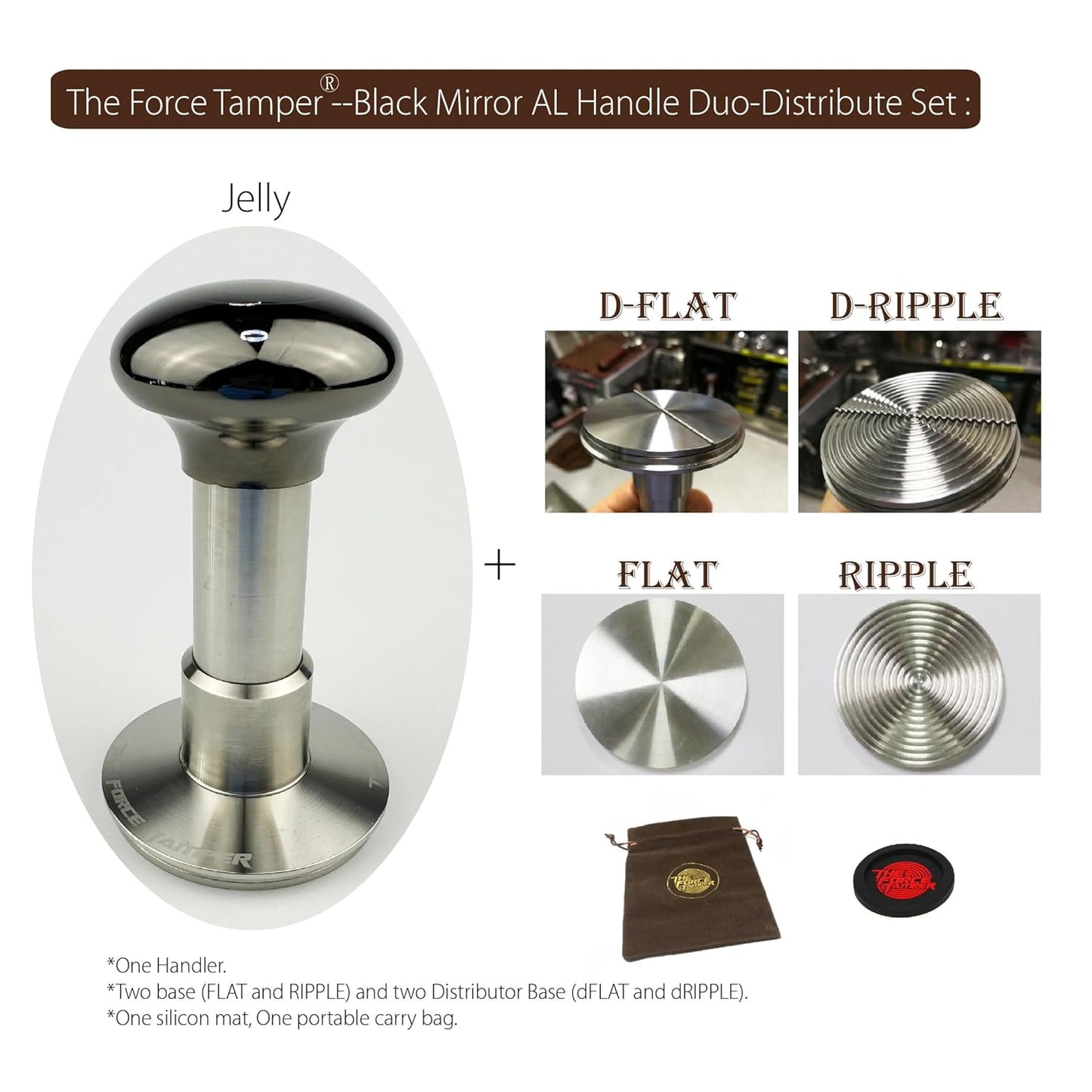 The Force Tamper Automatic Impact Adjustable Constant Pressure and Autoleveling Coffee Tamper Black Mirror Jellyfish AL Handle Set Pro (Duo-Distribute Set, 53.00mm)