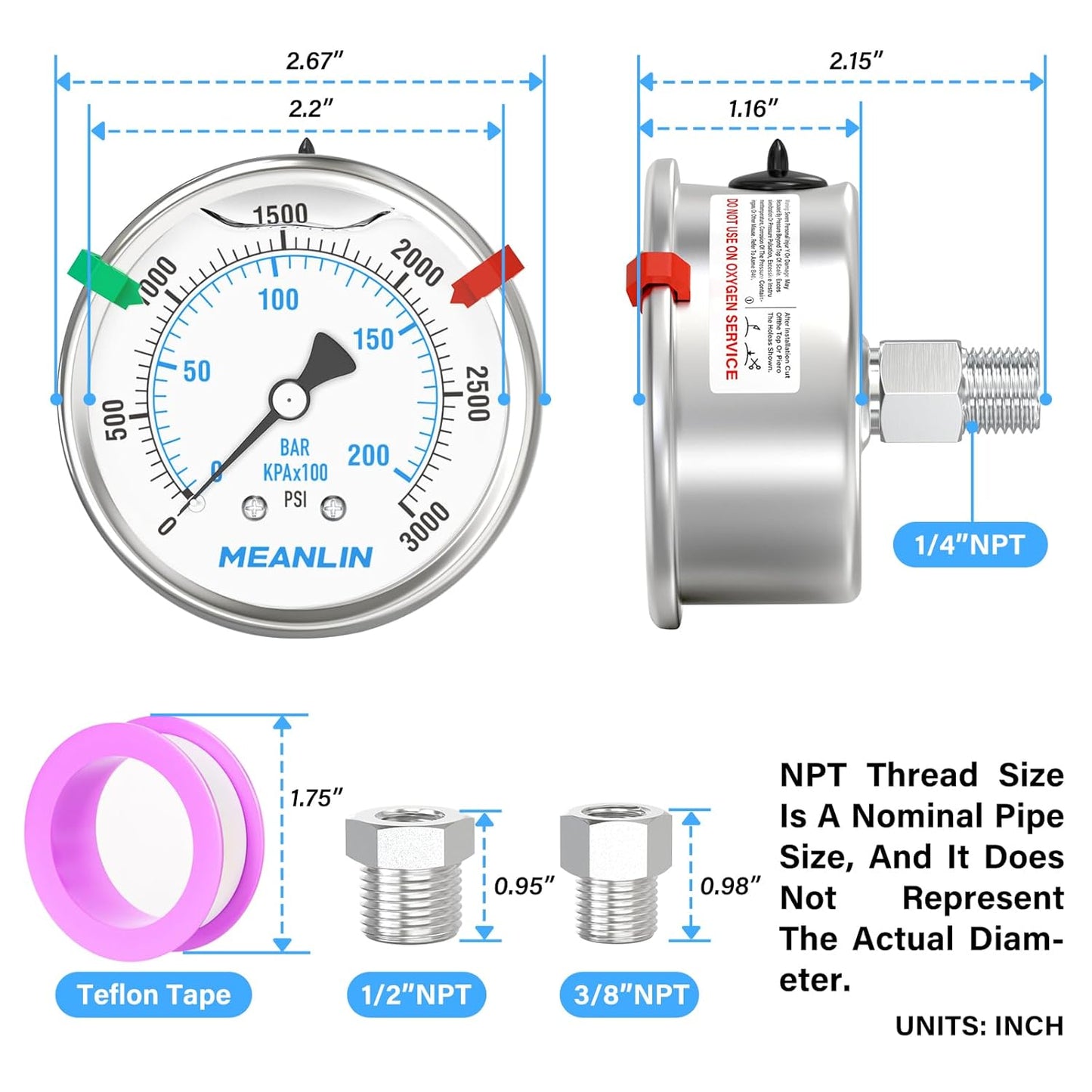 MEANLIN MEASURE 0~3000Psi Stainless Steel Liquid Filled Pressure Gauge 2.5" FACE DIAL 1/4" NPT for WOG Water Oil Air Back Mount with Stainless Steel Hex Bushing and Snaps