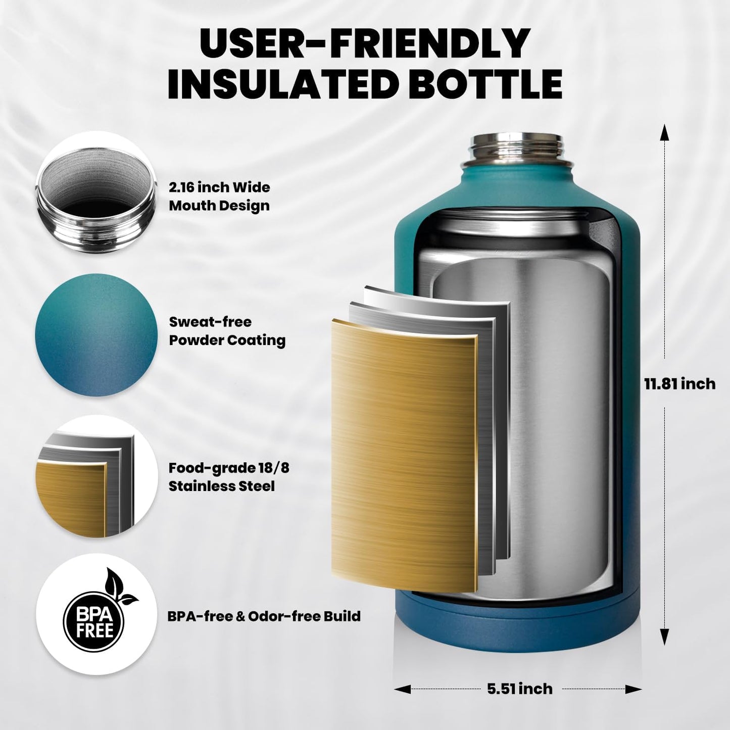 One Gallon Water Bottle Insulated, Triple Walled Vacuum Stainless Steel (Cold for 48 Hrs), Leak Proof & Non-BPA, Large Water Flask Jug with Paracord Handle & Straw Spout Lids