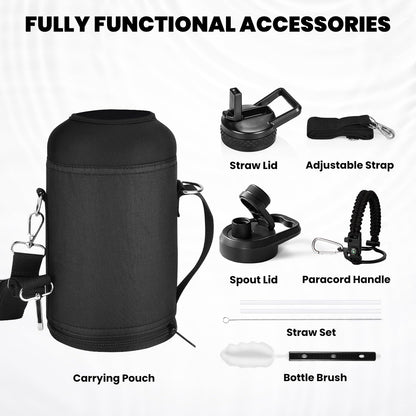 Insulated Water Bottle 64 oz, Triple Wall Vacuum Stainless Steel (Cold for 48 Hrs), Leak Proof & Non-BPA, Half Gallon Water Flask Jug with Paracord Handle & Straw Spout Lids, Magic Black