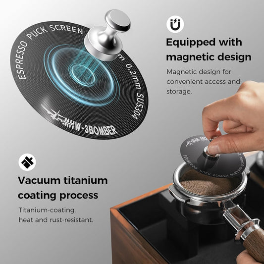 MHW-3BOMBER 54mm Espresso Puck Screen - 0.2mm Ultra Thin Espresso Puck - Metal Reusable Coffee Filter for Portafilter Basket 54mm - Puck Screen with Stand 3 Pack FG7051-OS
