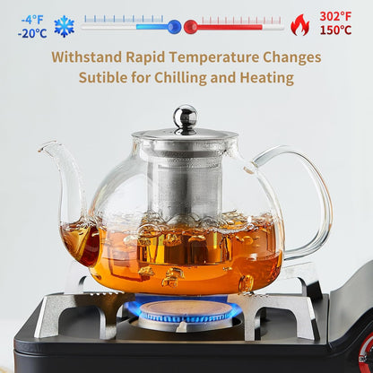 40OZ (1200ML) Glass Teapot with Infuser Stovetop Safe, Clear Glass Tea Pot Kettle, Borosilicate Tea Pot with Infusers Filter for Loose Tea, Tea Kettle Dishwasher Safe