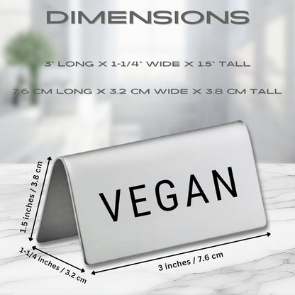 Vegan Stainless Steel Metal Table Tent Sign - 3" x 1-1/2" - Table Top Setting for Restaurants, Catering Businesses, Business. Great for Wedding, Banquet, Buffet, Party, Events. To Label Food Areas for