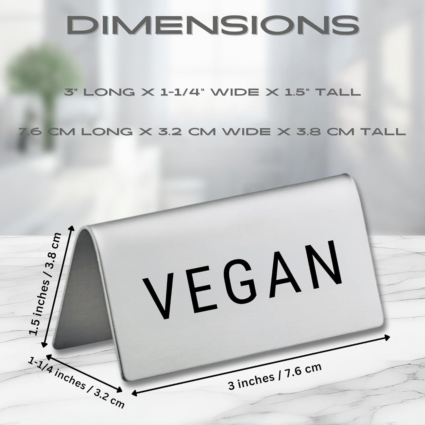 Vegan Stainless Steel Metal Table Tent Sign - 3" x 1-1/2" - Table Top Setting for Restaurants, Catering Businesses, Business. Great for Wedding, Banquet, Buffet, Party, Events. To Label Food Areas for Special Dietary Needs-4 PK