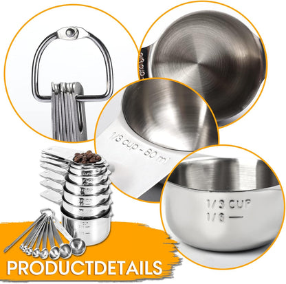 17 Piece Stainless Steel Measuring Cups and Spoons Set, with 1/16 Cup,1/3 Spoon and 1 Leveler