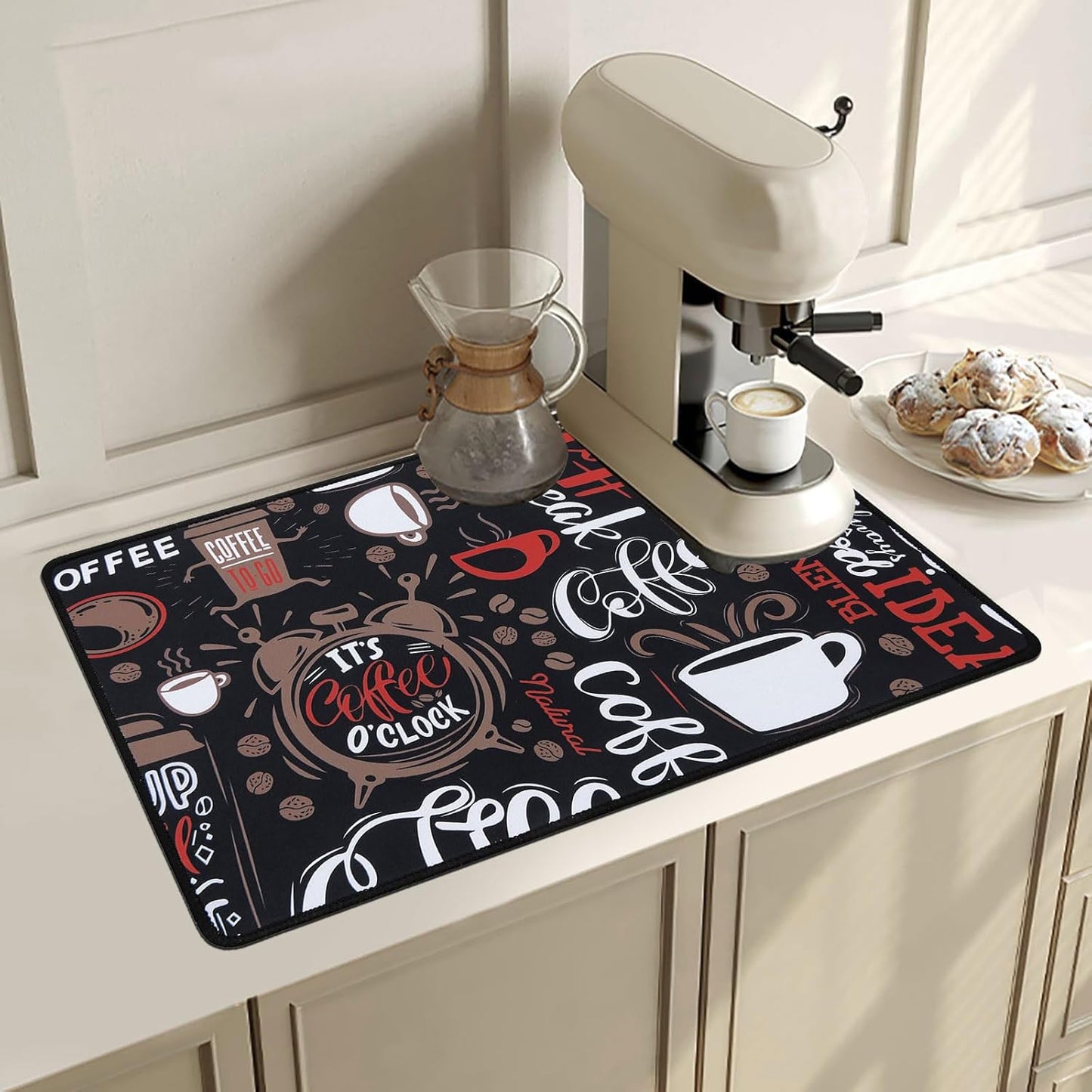 SHACOS Coffee Bar Mats 2-pack, 12x19 Inch Absorbent Non-Slip Rubber, Waterproof & Heat Resistant, Black