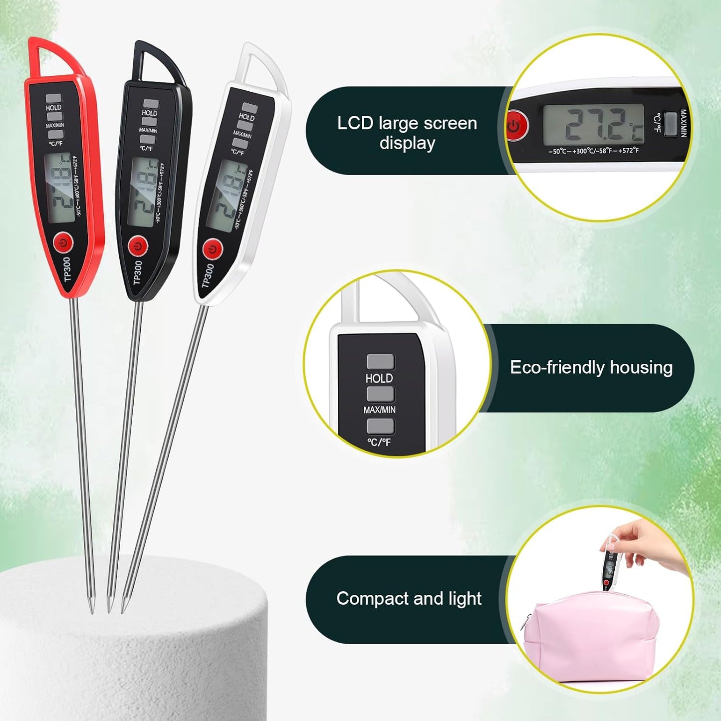 12 Set Waterproof Food Thermometer for Water, Liquid, Candle and Cooking Digital Meat Thermometer with Long Probe Instant Read for Kitchen BBQ Grill Candy (Black,White,Red)