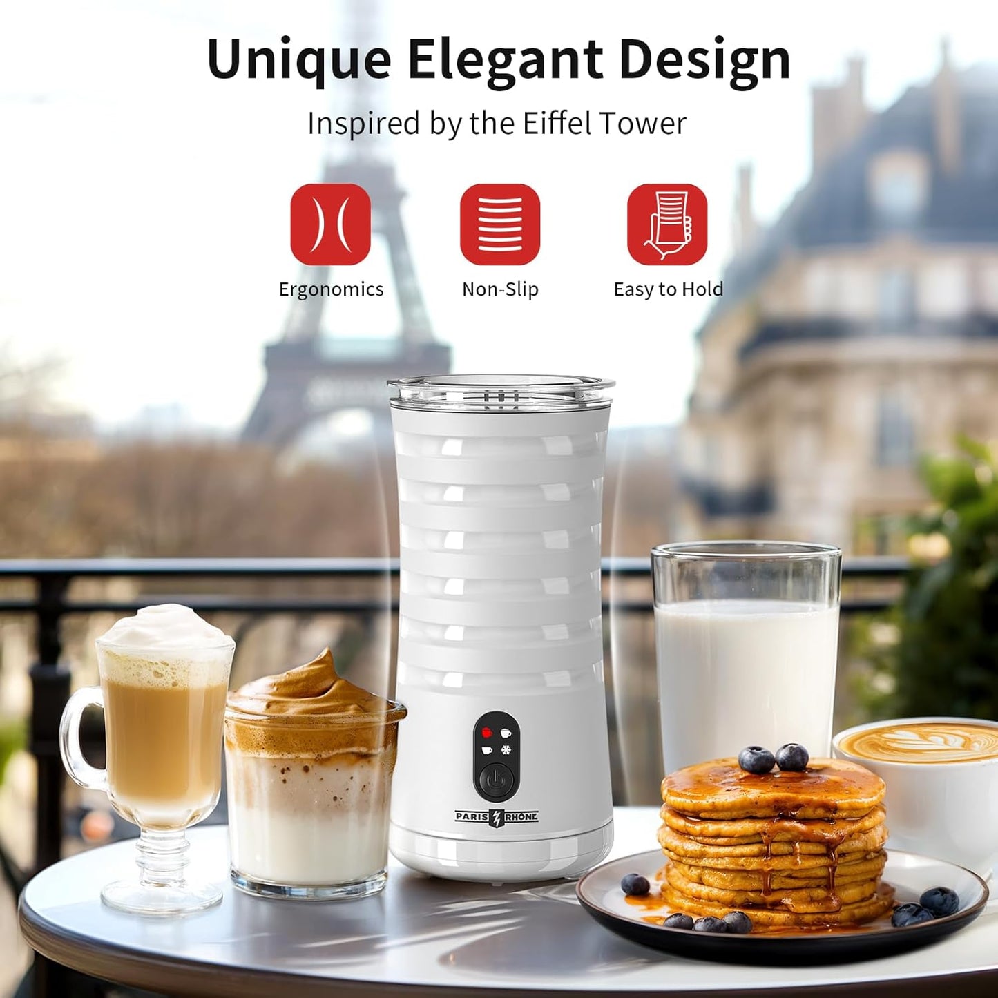 Paris Rhône Milk Frother, 4-in-1 Milk Steamer and Frother, Hot & Cold Foam Milk Warmer with Temperature Control, Auto Shut-Off Frothers for Coffee, Latte, Cappuccino, Macchiato