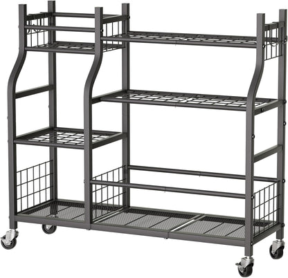 Garden Tool Organizer with Wheels for Garage and Shed, Spacious Tool Storage, Multi-Tier Design with Side Hooks for Rakes, Shovels, Brooms, and Yard Tools Rolling Cart