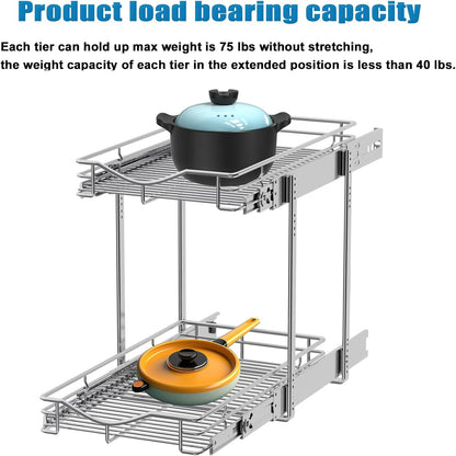 DINDON 2 Tier Pull Out Cabinet Organizer (11" W x 18" D) Heavy-Duty Metal Sliding Drawer Shelf, Two Tier Pull Out Shelves for Kitchen Cabinets, Pantry, Bathroom, Chrome Finish