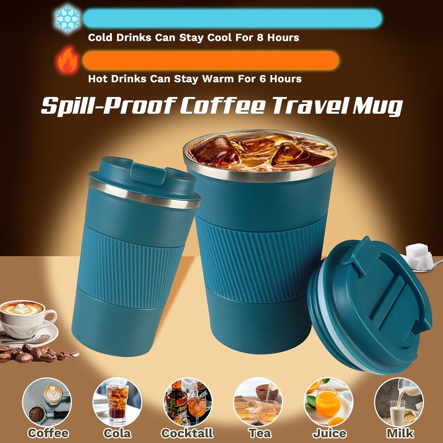 Vacuum-Insulated Stainless Steel Travel Coffee Mug, Leak-Proof Reusable Coffee Cup with Lid - Keep Hot & Cold Drinks for Hours, Durable Thermos Tumbler for Men & Women (3rd-Blue, 12OZ)