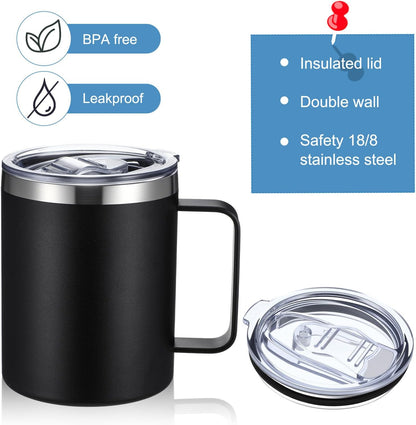 12 oz Insulated Coffee Mug Bulk with Handle, Stainless Steel Travel Coffee Mug with Lid, Double Wall Vacuum Metal Coffee Cup, Coffee Tumbler Powder Coated, Black 4 Pack