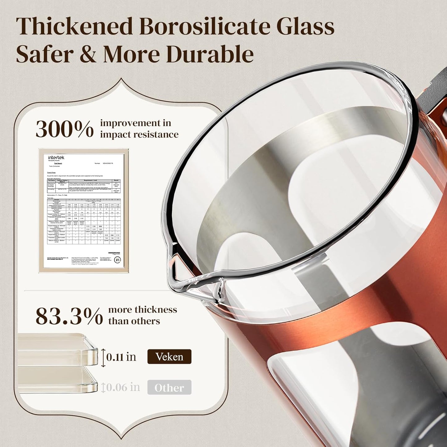 Veken French Press Coffee Maker 34oz 1 L, No Plastic Touching Cafe, Heat Resistant Thickened Borosilicate Glass, Stainless Steel Brewer, Cold Brew Cafetera Teapot for Kitchen Travel Camping, Copper