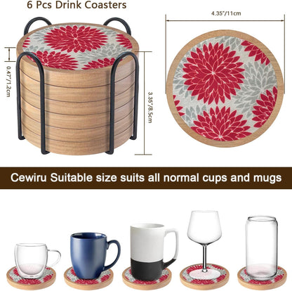 Wood Coasters Set of 6 with Holder, Cewiru Cup Mat for Drinks, Absorbent Coasters with Felt Insert for Coffee Table Protection, Modern Style Home Dining Table Decor, 4.3" Red