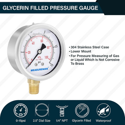 MEASUREMAN 2-1/2inch Dial Size, Glycerin Filled Pressure Gauge, 0-15psi/100kpa, 304 Stainless Steel Case, 1/4inch NPT Lower Mount