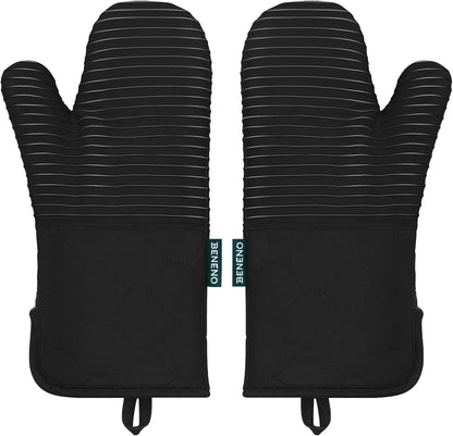 Beneno Kitchen Oven Mitts 2-Pack Heat Resistant to 500°F with Non-Slip Silicone Grip, Extra Long 14.3" Forearm Protection, Soft Quilted Cotton Terry Lining, Ideal for Cooking, Baking, Grilling, Black