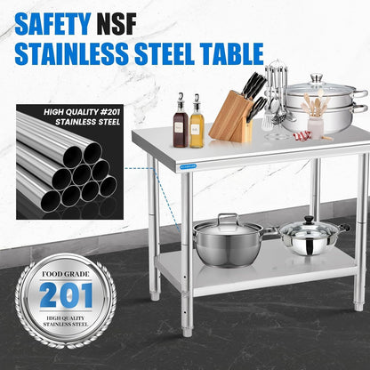 Stainless Steel Table for Prep & Work with Undershelf 24 x 30 Inches NSF Metal Commercial Kitchen Prep Table with Adjustable Under Shelf Worktable for Restaurant Home Outdoor