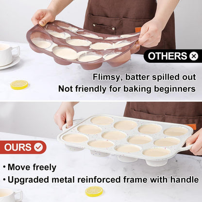 Silicone Muffin Pan, with Metal Reinforced Frame 2.8 Inch Regular Size Silicone Cupcake Pan Nonstick 12 Cups for Baking Homemade Muffins, Cupcakes, Egg Bites 2 Pack Dishwasher Safe BPA Free