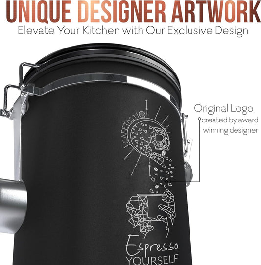 Large Coffee Canister – Airtight Stainless Steel Storage Container with Date Tracker & Scoop, Sealed Jar for Grounds, Beans, Tea, Flour, Cereal, and Sugar (Black Esspresso, 38OZ)