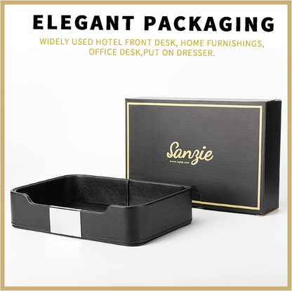 SANZIE Luxury Leather Tray Desktop Storage Catchall Organizer Decorative Tray for Entryway Table to Hold Jewelry Watch Keys Phone Wallet (Metal Silvered, Black)