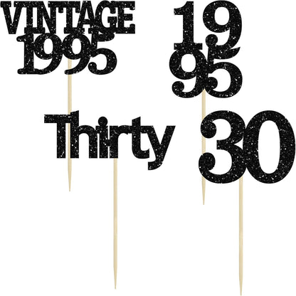 Gyufise 24Pcs Vintage 1995 Cupcake Toppers Cheers to 30 Fabulous Thirty Cupcake Picks Decorations for 30th Birthday Wedding Anniversary Party Supplies Black
