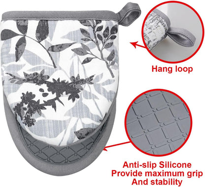 Mini Silicone Oven Mitts, Heat and Slip Resistant Kitchen Mittens 2-Pack Set, Foliage Flower Soft Short Oven Gloves, Flexible Thick Pot Holders for Safe Cooking Baking and Grilling (Grayish)