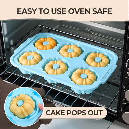 Mini Bundt Cake Pans for Baking, 2Pcs Silicone 6-Cavity Fluted Tube Cake Pan with Metal Reinforced Frame, Nonstick Baking Molds for Cupcake, Brownie, Donuts, Cornbread, Jello