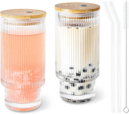 2 Pcs 16oz Glass Cups with Lids and Straws Ribbed Vintage Iced Coffee Glasses for Tea Iced Coffee Soda Cocktail Smoothie(Ribbed*2)