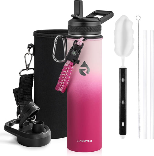 Insulated Water Bottle 24oz, Triple Wall Vacuum Stainless Steel (Cold for 48 Hrs, Hot for 24Hrs), Leak Proof & Non-BPA, 24oz Hydro Water Flask with Paracord Handle & Straw Spout Lids