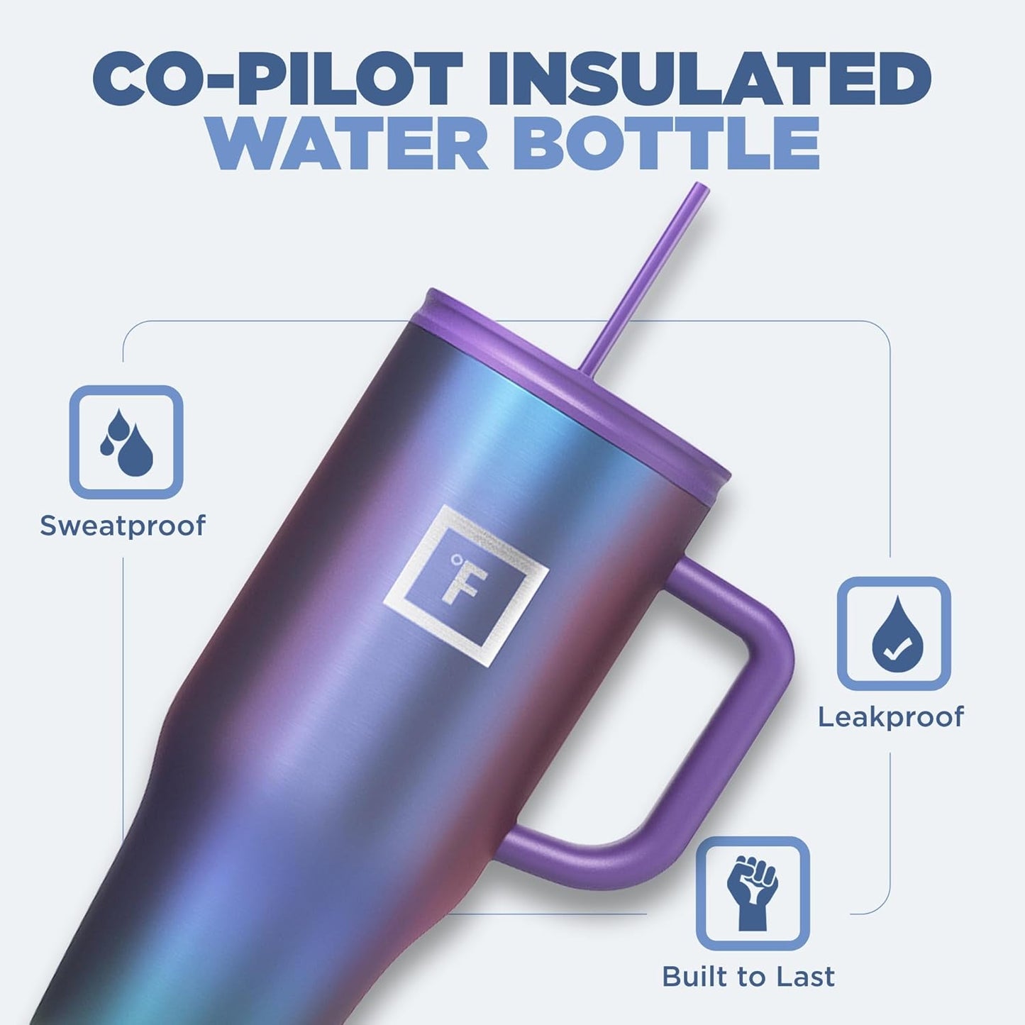 IRON °FLASK Co-Pilot Insulated Mug w/Straw & Flip Cap Lids - Cup Holder Bottle for Hot, Cold Drink - Leak-Proof - Water, Coffee Portable Travel Mug - Lavender, 32 Oz