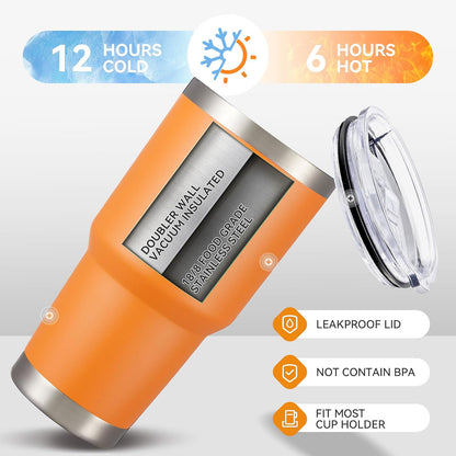 30 oz Tumbler with Lid Stainless Steel Tumblers Vacuum Insulated Cup Reusable Powder Coated Travel Mug Double Wall Leak Proof Portable Cups Keep Cold Drinks for 12 Hours, Orange, 1 Pack