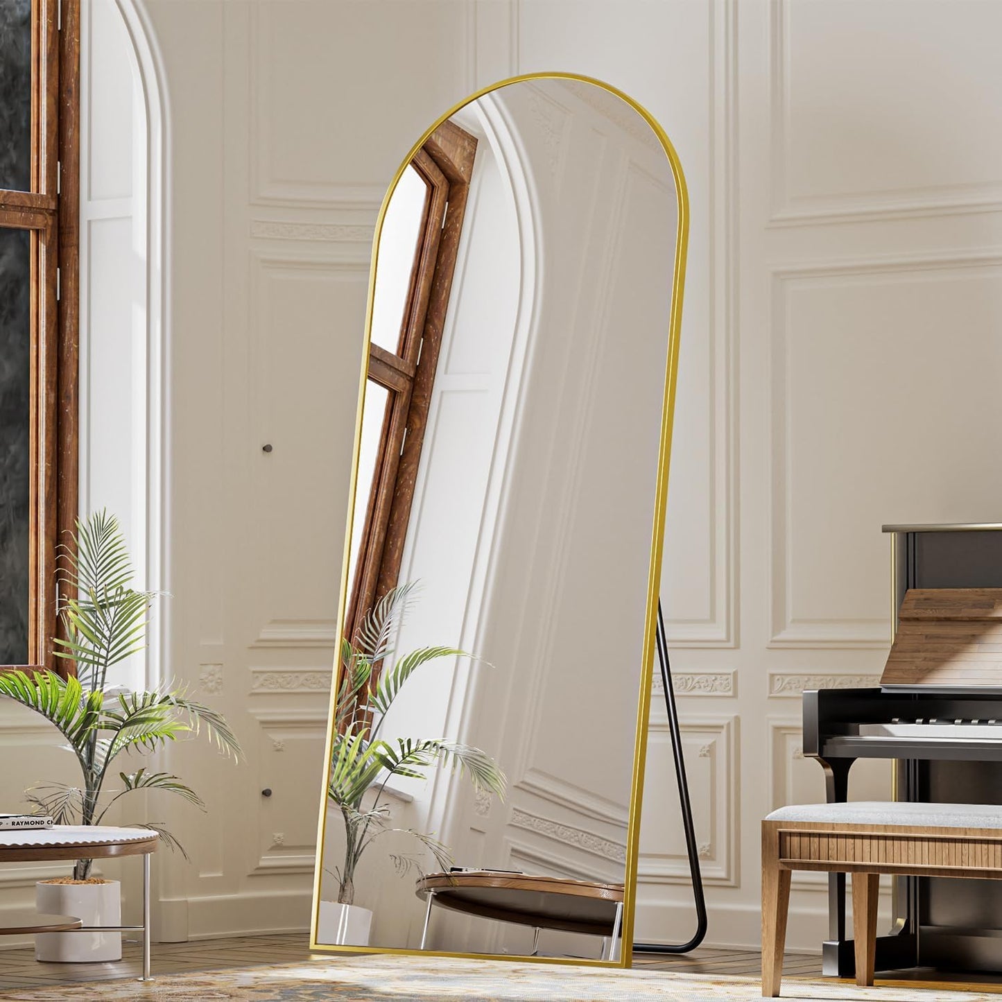 VooBang Arch Mirror Full Length, 26" x 71" Floor Mirror with Stand, Aluminum Alloy Frame Full Body Mirror, Standing Hanging or Leaning Against Wall for Bedroom and Living Room, Gold