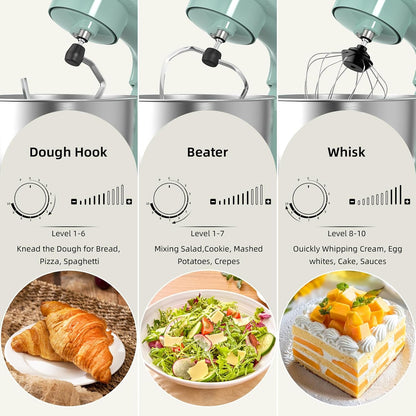 Electric Stand Mixer,10 Speeds Tilt-Head Food Mixer, 3-IN-1 Kitchen Mixer for Daily Cooks with Dishwasher-Safe 6QT Bowl,Dough Hook, Beater, Whisk (Agave Green)