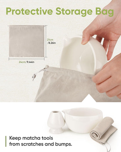 Matcha Bowl and Whisk Holder Set, Ceramic Tea Bowl and Whisk Stand, Matcha Tea Mixing Bowl with Spout (18 Ounce), Whisk Rest, Ivory White
