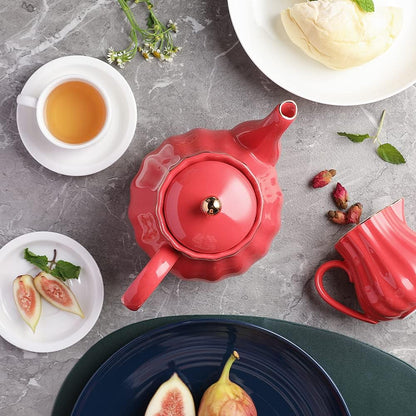 Sweejar Royal Teapot, Ceramic Tea Pot with Removable Stainless Steel Infuser, Blooming & Loose Leaf Teapot - 28 Ounce(Red)
