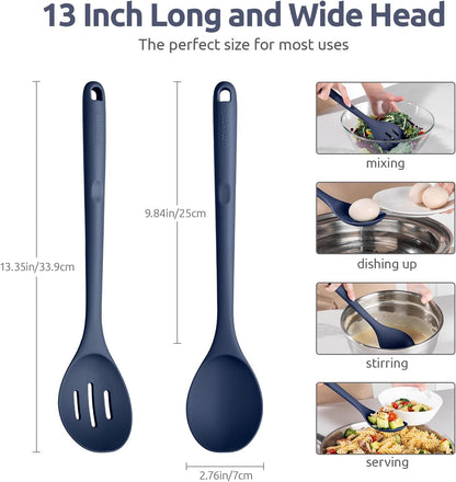600ºF Heat Resistant Silicone Spoons: U-Taste 13.3in Solid & Slotted Kitchen Cooking Spoon, Nonstick Long Rubber Utensil, Sturdy for Mixing, Serving, Stirring, Draining (Midnight Blue, 2PCS)