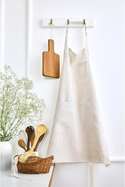 Solino Home Linen Kitchen Apron for Men & Women - Light Natural Bib Apron with Front Pockets - Handcrafted from European Flax