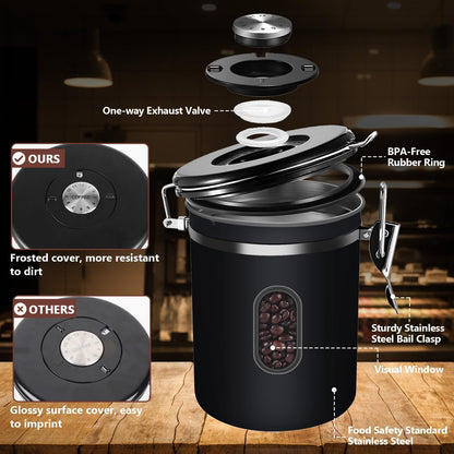 ROCKY&CHAO 2800ML Coffee Canister with Date Tracker&Transparent Window, 35OZ Coffee Container with 30ML Measure Spoon&4 co2 Valve, Coffee Bean Storage Container for Grounds Coffee, Beans, Tea(Black)