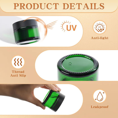 Glass Jars with Lids,Eco-Friendly Cosmetic Containers with Airtight Black Lids & Liners, Multi-Color Options for Cream, Lotion, Body Butter, DIY Skincare Travel Jars (Green, 2oz)