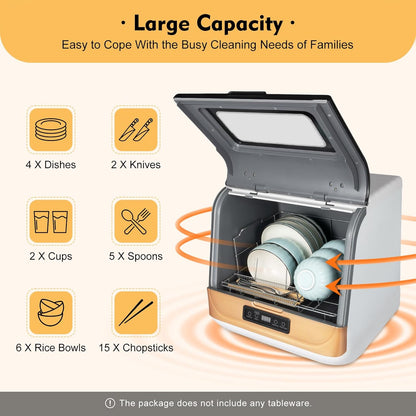 Compact Portable Dishwasher Countertop with Filter and Hybrid Drying Function, 360° Streak-Free Deep Cleaning, 3 Washing Programs, Mini Dishwasher for Apartments& RVs