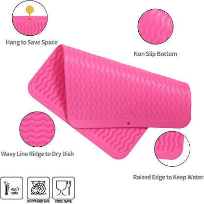 Silicone Dish Drying Mat for Multiple Usage,Easy clean,Eco-friendly,Heat-resistant Silicone Mat for Kitchen Counter or Sink,Refrigerator or drawer liner Rose L 16 inches x 12 inches