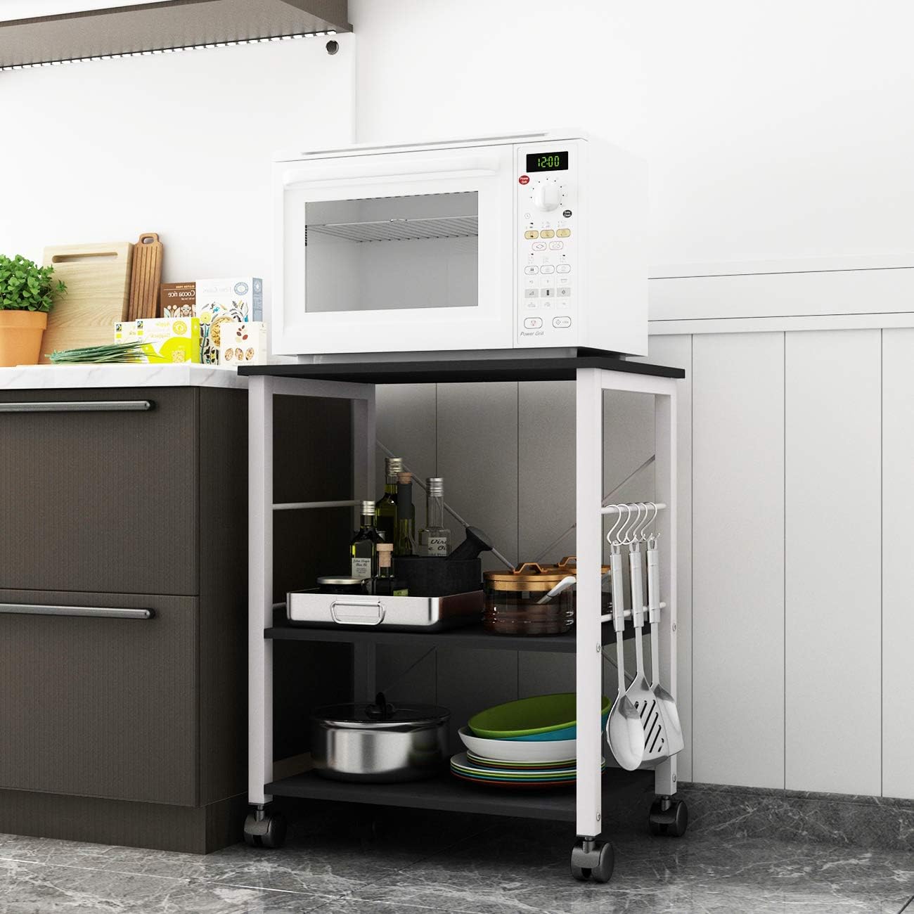DlandHome Standing Baker's Rack Appliance Table Small Rolling Cart, 3-Tier Kitchen Rack Utility Storage Shelf Microwave Stand, W4-Black