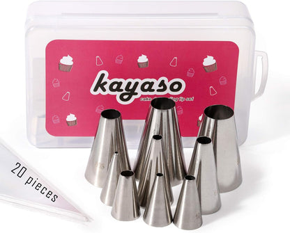 Round Piping Tip Set – 9 Stainless Steel Pastry Tips in Graduated Sizes with 20 Disposable Decorating Bags for Cupcakes, Cakes, Cookies, and Frosting Design