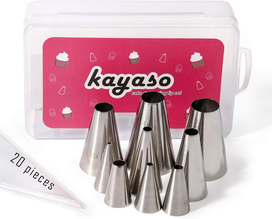 Round Piping Tip Set – 9 Stainless Steel Pastry Tips in Graduated Sizes with 20 Disposable Decorating Bags for Cupcakes, Cakes, Cookies, and Frosting Design