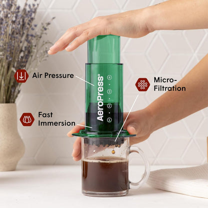 AeroPress Clear Green Coffee Press – 3 In 1 Brew Method Combines French Press, Espresso-style, Full Bodied Coffee Without Grit or Bitterness, Small Portable Coffee Maker for Camping & Travel, Green
