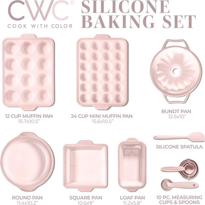 COOK WITH COLOR 17 Pc. Silicone Baking Pan Set - Non-Stick & Easy Clean Silicone Muffin Pans for Baking with Sturdy Metal Frame for Stability, Flexible Cake Molds, Includes Measuring Cups and Spoons