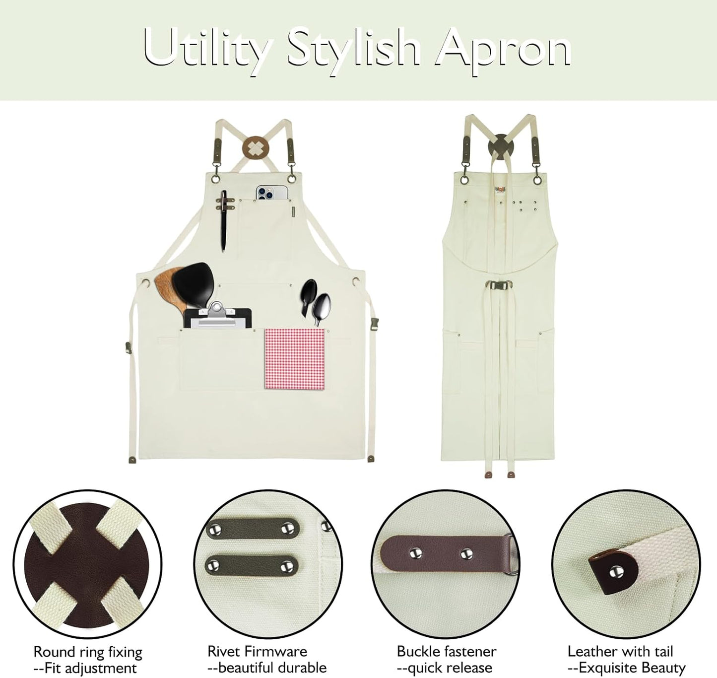5 Pack Kitchen Apron, Work Apron, Canvas, Multiple Pockets, Gardening, Painting, BBQ, Artist, Carpenter, Sizes M to XXL, White