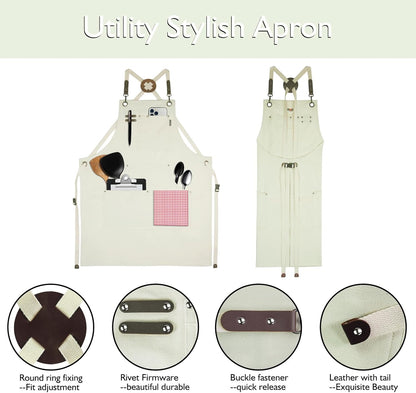 5 Pack Kitchen Apron, Work Apron, Canvas, Multiple Pockets, Gardening, Painting, BBQ, Artist, Carpenter, Sizes M to XXL, White