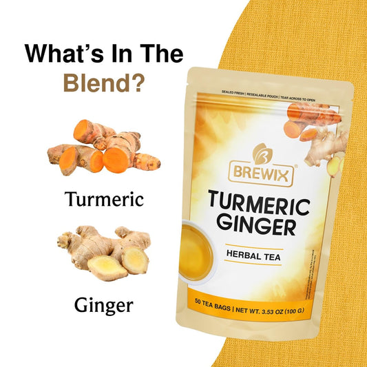 BREWIX, Turmeric Ginger Herbal Tea Bags (50 Pyramid Tea Bags) Caffeine-Free Ayurvedic Blend for Daily Wellness & Immune Balance | Daily Wellness Ritual | Gluten Free | Real Ingredients From India