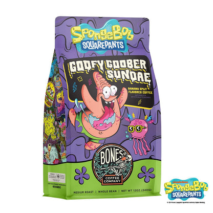 Bones Coffee Company Spongebob Goofy Goober Sundae, Banana Split Flavored Coffee, Medium Roast Low Acid Arabica Beans Compatible with Auto drip and French Press Coffee Maker, 12 Oz Ground